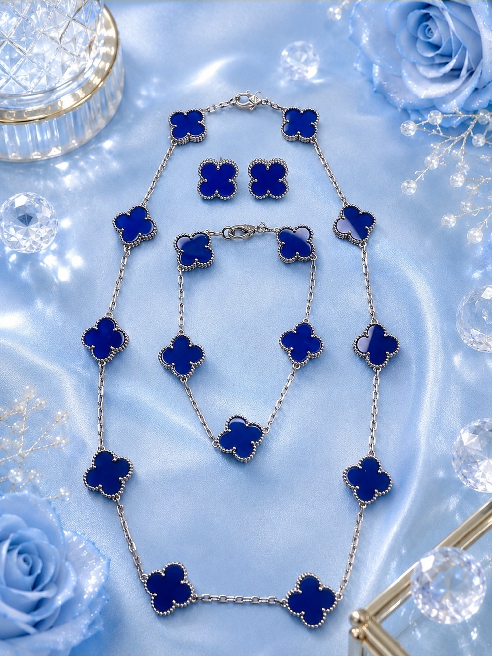 π Blue 10-Station Clover Jewelry Set | Silver Tone | Tarnish Resistant - Picture 2 of 2
